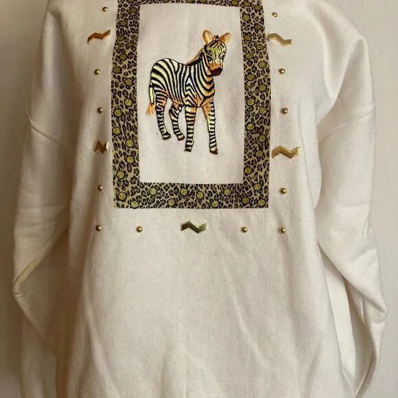 P.G.B. Zebra Sweatshirt 90s Animal Pattern Squiggle Glittery Shiny Beaded - Picture 3 of 13